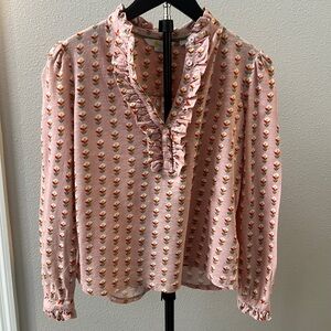Boden Pink Floral Ruffle Long Sleeve Blouse Size S LIKE NEW